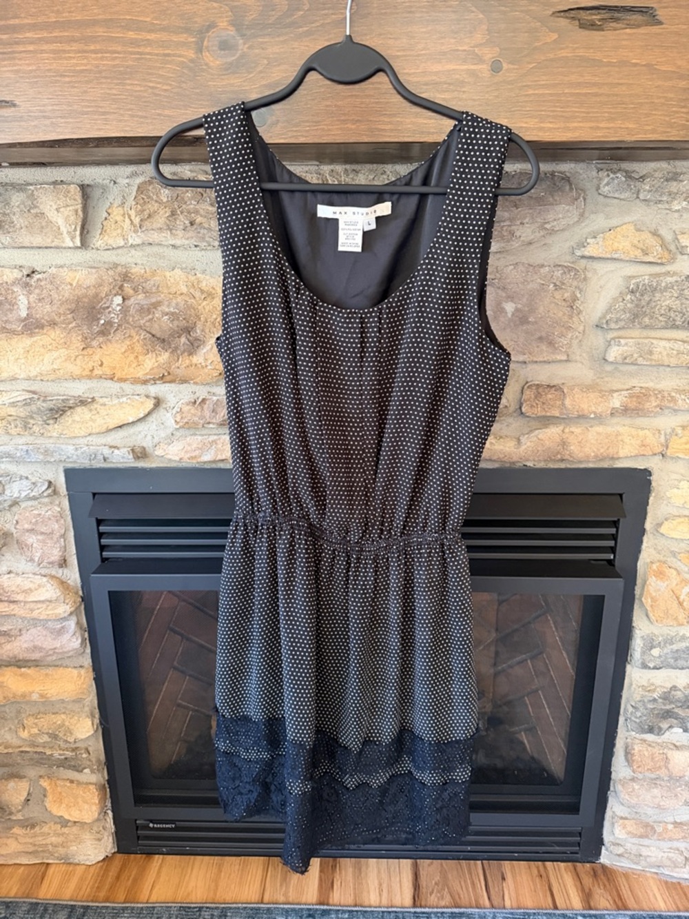 Max Studio Black Polka Dot Sleeveless Scoop Neck Dress with Lace Hem